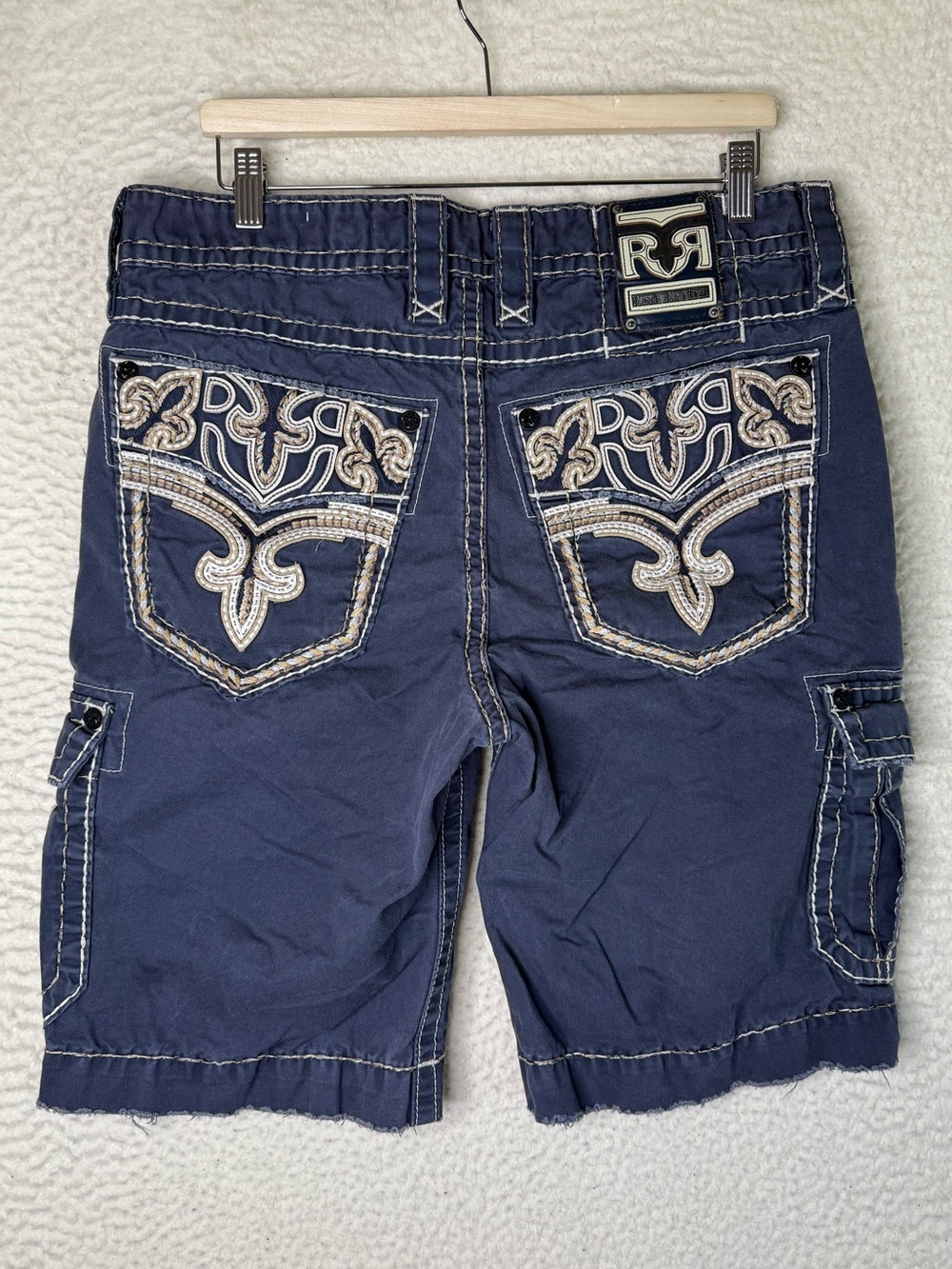 Rock Revival Classic Cargo Shorts Navy Blue Men's Size 33 Distressed - Picture 7 of 11